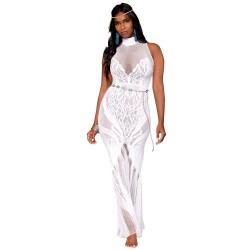 Robe bodystocking en résille et dentelle blanche - DG0490WHT