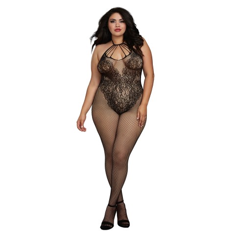 Bodystocking Grande taille résille dans un style Body avec magnifique décolleté à lanières - DG0326XBLK