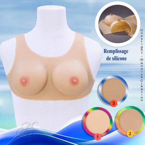 Buste faux seins, 100% silicone encolure ronde, Bonnet C