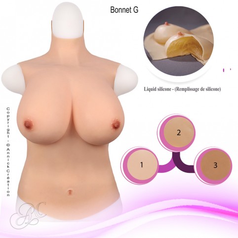 Buste long faux seins, 100% silicone, col haut, Bonnet C-D-E-G