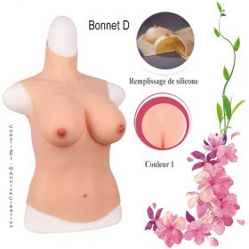 Buste long faux seins silicone, col haut, Bonnet D