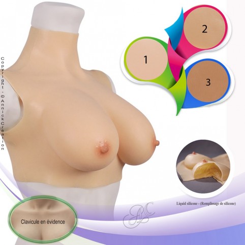 Buste faux seins 100% silicone, col haut, Bonnet B-C-D-E-G