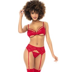 Ensemble 3 pièces rouge, Soutien gorge, porte jarretelles et string - MAL8726RED