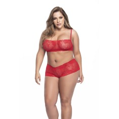 Ensemble lingerie, grande taille,  rouge top bustier et shorty dentelle   - MAL206XRED