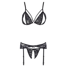 Ensemble trois pièces avec soutien-gorge fendu, porte-jarretelles et string noir - R2230348