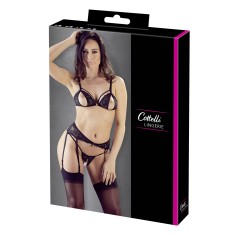 Ensemble trois pièces avec soutien-gorge fendu, porte-jarretelles et string noir - R2230348