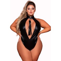 Body en simili cuir grande taille, extensible avec col clouté et fouet - DG12450XBLK