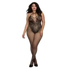 Bodystocking Grande taille résille dans un style Body avec magnifique décolleté à lanières - DG0326XBLK