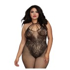 Bodystocking Grande taille résille dans un style Body avec magnifique décolleté à lanières - DG0326XBLK