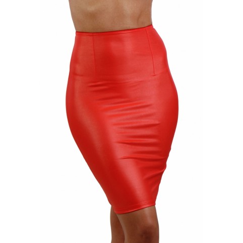 Jupe crayon wetlook rouge taille haute zip dos