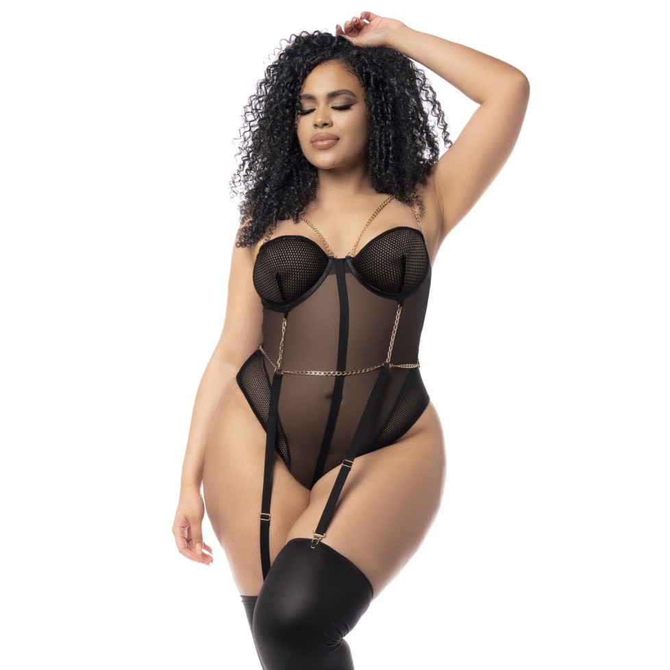 Body, grande taille, en résille transparente noire et jarretelles - MAL2727XBLK