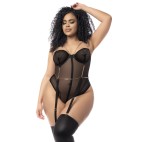 Body, grande taille, en résille transparente noire et jarretelles - MAL2727XBLK