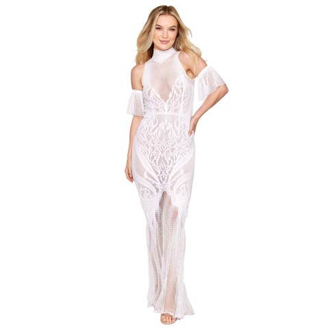 Robe bodystocking en résille et dentelle blanche - DG0490WHT